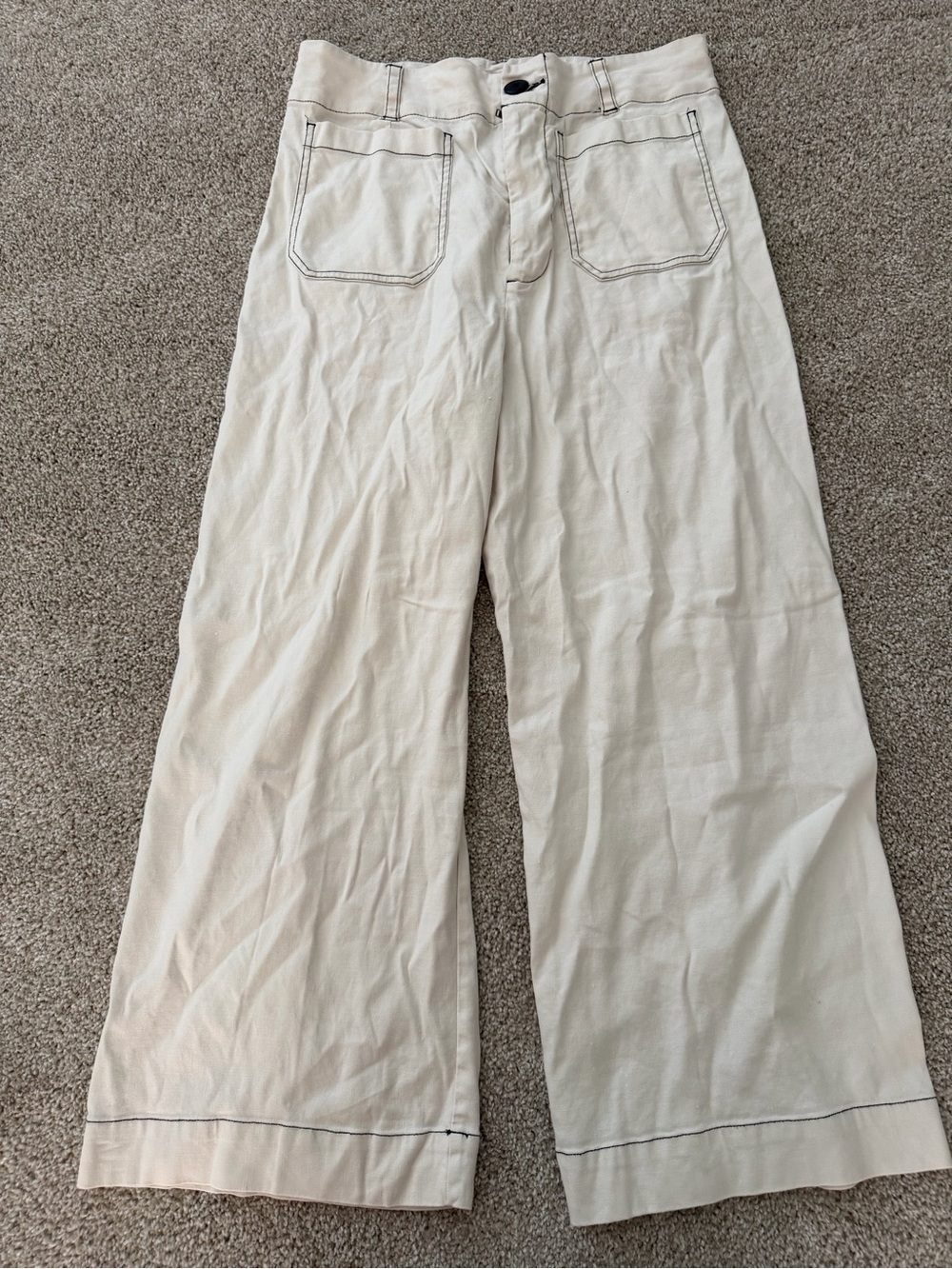Maeve Anthro Colette Cropped wide leg contrast stitch linen blend cream pants 31